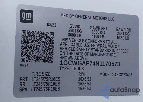 2022 Chevrolet Express Cargo Rwd 2500 Regular Wheelbase Wt z USA, uszkodzony, nr VIN 1GCWGAF74N1170573